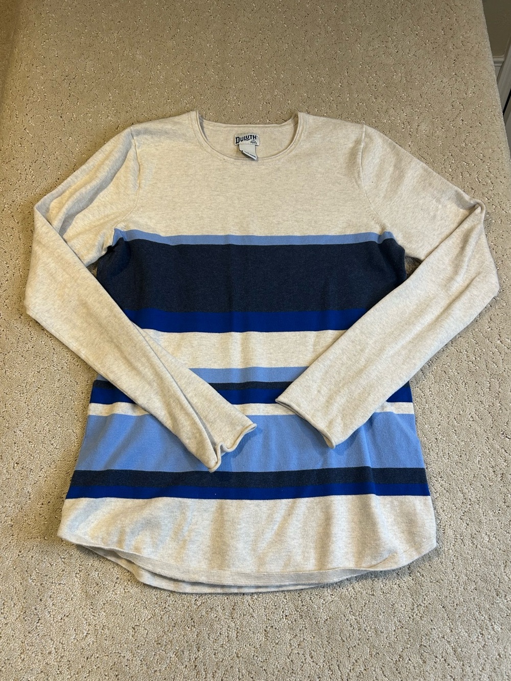 Duluth Trading Co S Beige Blue Stripe Shiftless Tunic Crewneck‎ Sweater